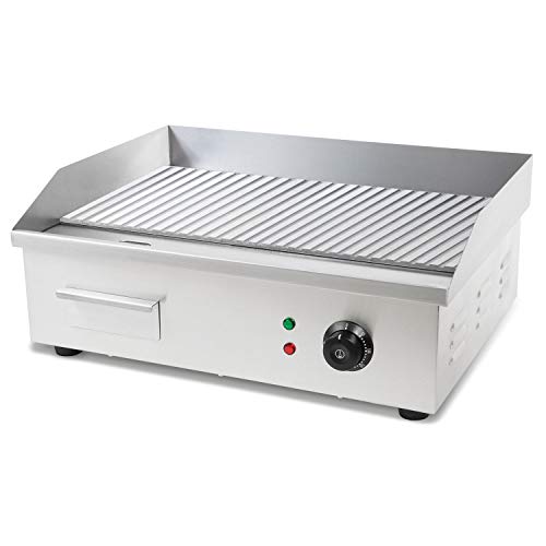Vertes 3000W Plancha électrique professionnelle, rainurée (100 Rainures, Température jusqu'à 300 °C, Collecteur de graisse, Surface en fonte de 55 x 35 cm, Pieds en caoutchouc antidérapants)