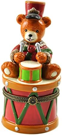 Little Drummer Teddy Bear Sitting on Drum Hinged Porcelain Trinket Box