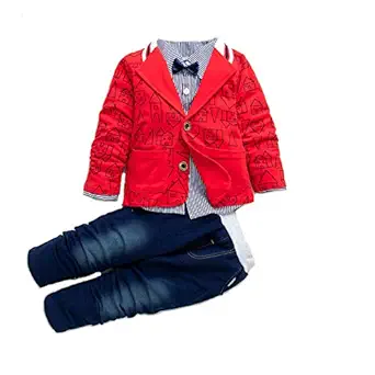 Bold N Elegant Solid Full Sleeve Jacket Coat Blazer with T-Shirt and Denim Blue Trouser Pant 3 Pc Party Suit Set for Little Boys