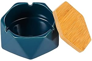 yumcute Posacenere in Ceramica con Copertura in Bambù, Sigarette Posacenere Antivento, Posacenere per Interni Esterni Posacenere Moderno Da Tavolo per Casa, Ufficio, Balcone (Blu)