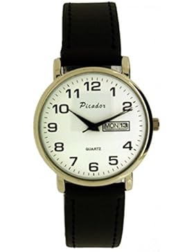 SOFtech Unisex Chromsilber Zifferblatt weißen Gesicht schwarz PU Leder Armband Tag & Datum Analog Quarz Haken...