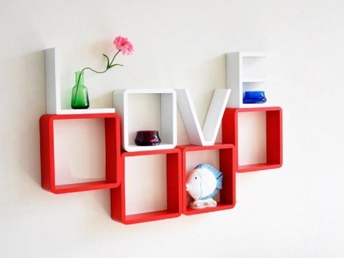 Set of 8 Design Wall Shelves for Books / CDs Love Design in Red / White