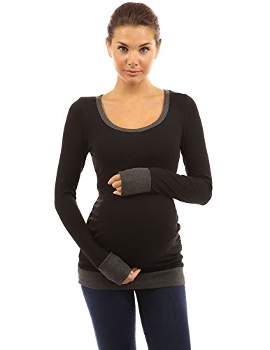PattyBoutik Mama Trim Scoop Neck Maternity Tunic Top (Black with Grey 8/10)