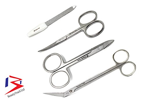 New Set 4 Toenail Scissors Clipper Chiropody Podiatry - High Quality Nail Clipper for Fingernails and Toenails - Extra Long Toe Nail Scissor - Diamond Deb File - Manicure Scissor Trimmer + Pouch