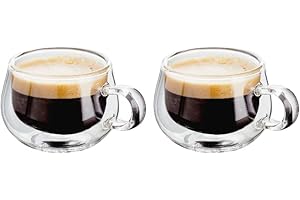 Judge Double Walled Glass Espresso Coffee Handled Cups, Set of 2, 75ml - Vacuum Insulated, Handcrafted Artisan - Strong & Heat Resistant
