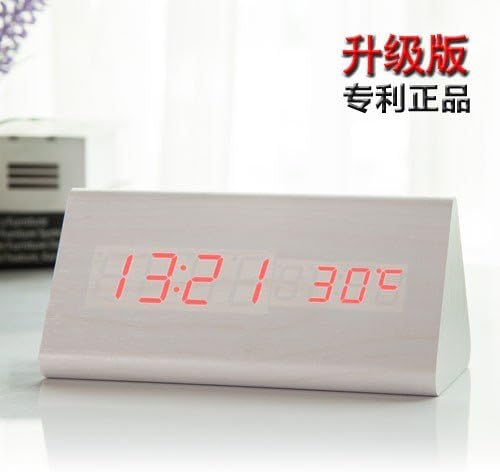 Cunclock Alarm Clock Creativity Mute Lazy Luminous Fashion Led Clock Wood Bells Ancient Clock Bamboo Wood Green Light Triangle [White Wood] Scarlet Letter]