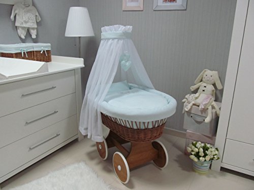 10 pcs Set - wicker crib moses basket bassinet including complete furnishings, Modell:blue - big wheels