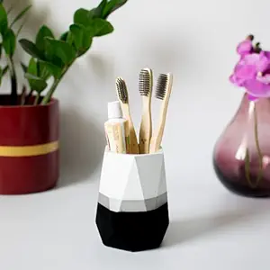 Dwell dapper | Hexagonal Toothbrush Holder | Hand Crafted | Multi-Purpose Pen Holder, Remote Holder | Made of Concrete (White & Black)