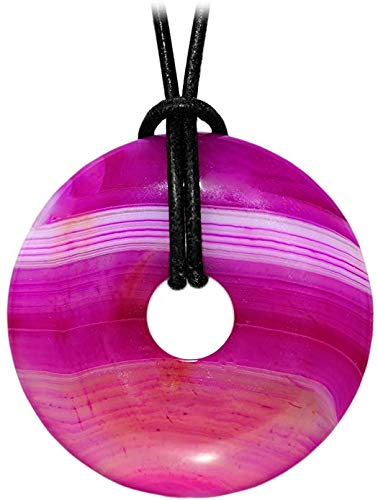 Kaltner Präsente Geschenkidee - Lederkette für Damen und Herren mit Donut Anhänger Edelstein Achat rosa pink (Ø 40 mm)