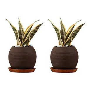 Lasaki Globe Ceramic Pots with Plate for Indoor, Outdoor, Garden, Balcony, Plants, Planters, Flower Pots, Gamla Succulent Pot (Pot: Black, Plate: Antique Cir002) Set of 2