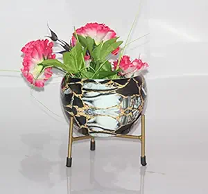 Elegant Crafts India Indoor Desk Planlower Pot Free Standing with Rust Free Metal Stand Pack of 1 Width X Height 06X06 Inches (Multicolour Granite Texture)