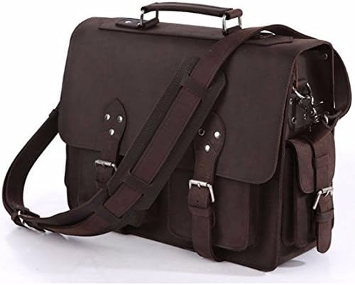 COWOCC Men'S Vintage Classic Thick Full Grain Leather Shoulder Briefcase Satchel Messenger Bag for Men (Dark Brown),Dark Brown