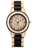 Alienwork Herren Damen Armbanduhr Quarz gelb mit Holz-Armband schwarz Kalender Datum Holzuhr Natur-Holz