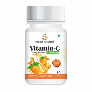 Precious Healthcare Vitamin C Chewable Tablets With Rose Hips and Bioflavonoids Extract Collagen Builder Immunity Booster Support for Adults, Antioxidant Supplement For Bones (30 Tab Pack of 2)