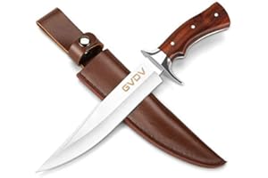 GVDV Cuchillo de Hoja Fija con 440C Acero Inoxidablemás, Cuchillo de Caza con Funda de Cuero Genuina + Mango de Palisandro para Supervivencia, Acampar, Caza