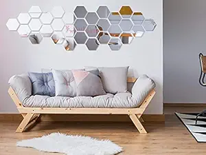 Wall1ders - 31 Hexagon with 10 Butterflies Silver (Each Hexagon Size 10.5 cm x 12.1 cm) 3D Hexagon Mirror Wall Stickers, 3D Mirror Stickers for Wall Large Size, 3D Wall Mirror Stickers
