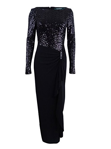 Ralph Lauren Womens Black Sequined Ruffled Long Sleeve Jewel Neck FullLength Sheath Formal Dress Size: 6