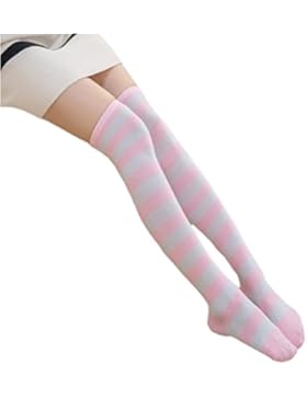 HABI 1 Paar Gestreifte blau rosa & weiß Kniestrümpfe Damen über Knie-Lange Overknee Überknie Strümpfe cosplay...