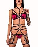 L'VOW Women's Gothic Black Leather Harness Chest Straps Leggings Garter Festival Lingerie Clothing One Piece Outfit - Black - One Size fits All