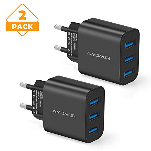 Chargeur Secteur USB 3 Ports Universel Chargeur Mural (5V 3A Max) Adaptateur USB Universel pour Apple iOS, Android, Appareils Portable Windows etc(2 Pack) (Noir)