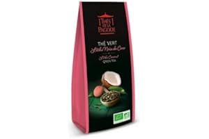 THES DE LA PAGODE Thé vert litchi coco bio par Thés de La pagode⎢Mélange thé vert chun mee au litchi et à la noix de coco - Sachet vrac 100 grammes⎢Thé en vrac Bio ⎢Thé chaud ou glacé
