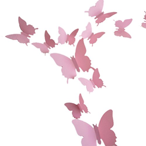 Amybria 12 Stück 3D Schmetterling Aufkleber Kunst Wand Aufkleber Raum Dekorationen Startseite Rosa