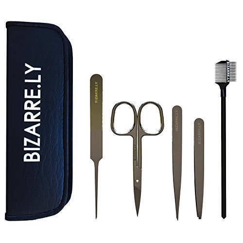 BEST BIZARRE.LY 5 PIECE EYEBROW SHAPING SET-STAINLESS STEEL Precision & Slanted Tweezers-Curved Scissors To Trim & Shape Eyebrows-Brow Brush & Comb-High Quality Grooming Kit with Beautiful Case