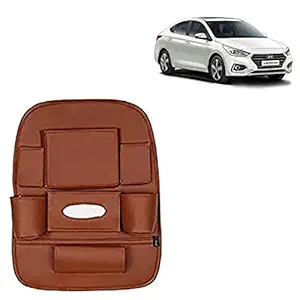 RD Universal PU Leather Car Auto Seat Back Organizer Multi Pocket Travel Storage Bag with Hangers, Tissue Paper and Bottle Holder-Tan Colour Compatible for Hyundai Fluidic Verna