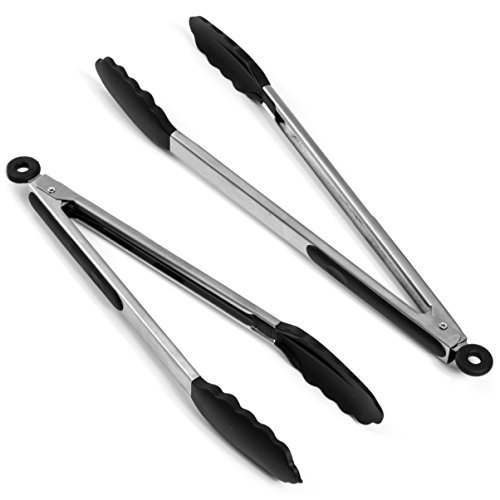 Ploopy Silikon Küchenzange, Edelstahl Silikon Zange, 2er Set Küchenzange, Perfekter küchenhelfer zum kochen, Grill, Aufback-Brötchen und vieles mehr ( 9’’+12’’ Schwarz ) - 6