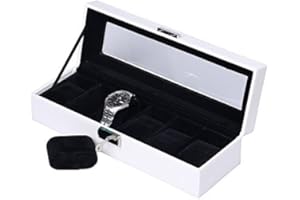 RINSDUALL JKC Watch Box Storage, Watch Holder, Watch Organiser, Mens Watches Case for 6Grids, Faux Leather(Black-White) Watch Display with Glass Lid Lock Key and Velvet Liner