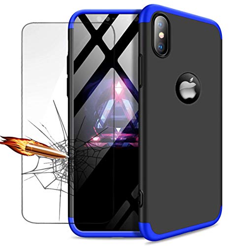 LaiXin Coque iPhone XR + Verre Trempé Étui 360° Full-Cover Housse PC Hard Shell Case avec Protecteur d'écran Anti-Choc Anti- Rayures Matte Casque de Protection, Bleu+Noir
