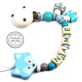 PREMIUM Schnullerkette mit Namen HOLZ Modell Familie Fuchs blau