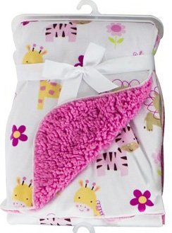 Baby Blanket Soft Colourful Mink Sherpa Lining Printed Design 0months+ 30° Wash - Jungle Animals Pink