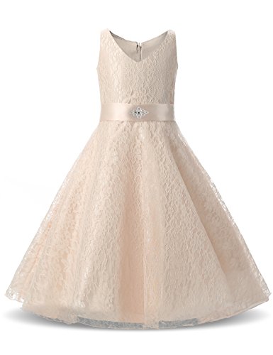 NNJXD Girls Princess Wedding Party Dresses Lace V-Neck Flower Printed Dress for 7-14 Years
