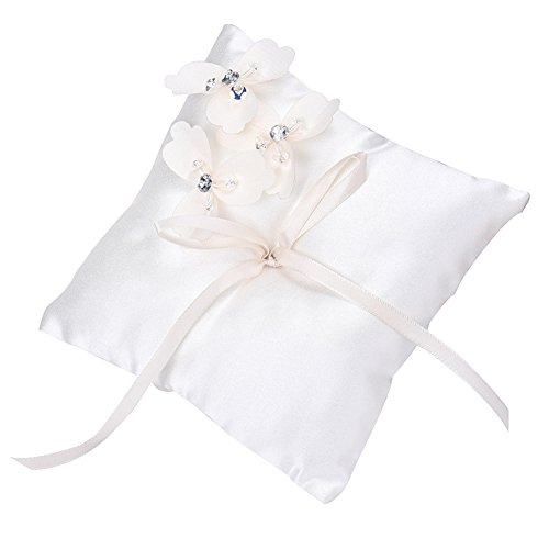 Stil Satinband Schleife Hochzeit Ring Kissen Pocket Kissen mit Pearl Flower Party Dekoration Supplies – Kleine, 14 x 14 cm Beige Blume - 4
