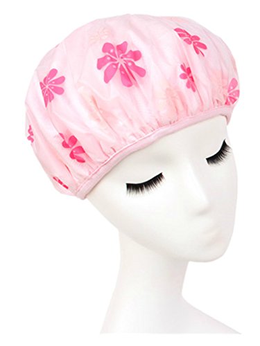 Moolecole Women Waterproof Hair Dry Lined Shower Cap Floral Double Layer Bathing Cap Elastic Band Spa Shower Hat Pink