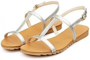 zhENfu Women's Sandals Summer Fall Comfort Novelty PU Synthetic Patent Leather Office &amp; Career Party &amp; Evening Dress Walking Flat Heel Buckle,Silver,US8.5 / EU39 / UK6.5 / CN40