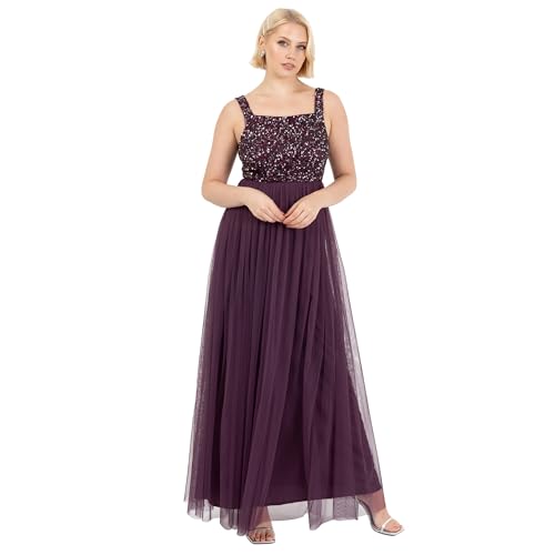 Maya Deluxe Damen Maya Deluxe Ladies Womens Maxi Dress Wide Straps Sleevless Square Neckline Embellished for Wedding Guest Prom Brautjungfernkleid, Berry,
