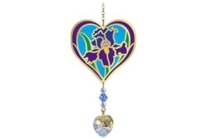 WILD THINGS Birthmonth Flower Sun-Catcher Mobile - Stained Glass Effect - Sparkling Crystal Heart Adorned - Embellished with Hand-Crafted Beadwork (February - Iris)