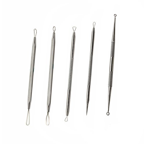 LAOYE Mitesserentferner Komedonenquetscher 5 Stücke Professionell doppelseitige Nagelhautschieber Pickel Komedone Akne Makel Blackhead Entferner Werkzeug für Nase Gesicht Haut Pflege Risikofrei Behandlung - 5