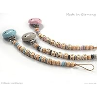 Schnullerkette mit Namen - Holzprodukt - Unisex Junge Mädchen max. 10 Buchstaben - natur - blau - grau - rosa - weiß - Holzbuchstaben Baby Silikonring - Geburtsgeschenk - Made in Germany