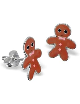 JAYARE Kinder-Ohrstecker Pfefferkuchen-Mann 925 Sterling Silber Emaille 13 x 10 mm braun Ohrringe