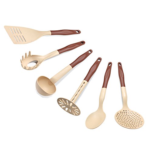 6 tlg. Küchenhelfer Set Hitzebeständig Kunststoff bis zu 260 °C mit Pfannenwender Spaghettilöffel Kartoffelstampfer Service Löffel Suppenkelle und Schaumkelle . Spülmaschinenfest Farbe braun / beige - 2