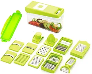Appigo Plastic All-in-One Green Vegetable Chopper for Kitchen with Peeler, Citrus Press Juicer, Slicer, Dicer and Shredder - Multicolour
