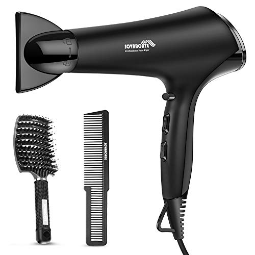 SOVARCATE 2200W Salone Asciugacapelli Professionale Motore CA ionico negativa Protezione da Surriscaldamento 3Calore 2Velocità 1Diffusore 2Concentratore Nero Congelato - Includi Set Spazzole Capelli