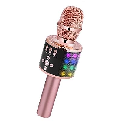 BONAOK Microphone Sans Fil, Microphone Karaoké Enfant Bluetooth Lecteur Enregistreur Portable, Lumières LED Coloré Microphone de Fête Familial pour Appareil Intelligent Android/iOS-Or rose
