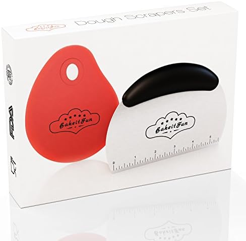 BakeitFun Large Stainless Steel and Silicone Dough Scrapers Set | Plastic Handle Cutter &amp; Flexible Curved Perfect to Work With Bowl | 2 Pack Multipurpose Scraper with US Measuring Scale and Conversion