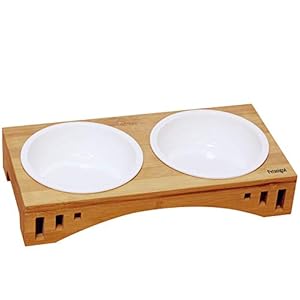 Petsoigné Cuenco para Gatos Perros Elevado Plato Gato Perro en Cerámica/Acero Inoxidable con Soporte de Bambú (1 Cuenco, Cerámica)