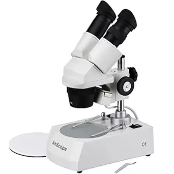 AmScope SE305-P Binocular Stereo Microscope, WF10x Eyepieces, 10X and 30X Magnification, 1X and 3X Objectives, Upper and Lower Halogen Lighting, Reversible Black/White Stage Plate, Pillar Stand, 120V