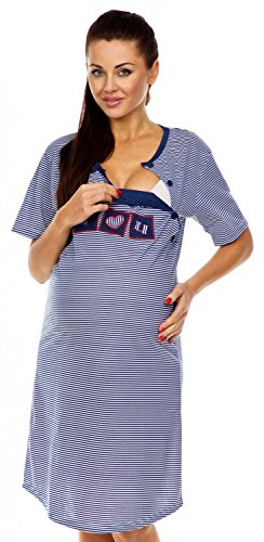 Zeta Ville - Women's Maternity Nursing Stripe Nightdress embroidery Gown - 139c (Navy, UK 14/16)